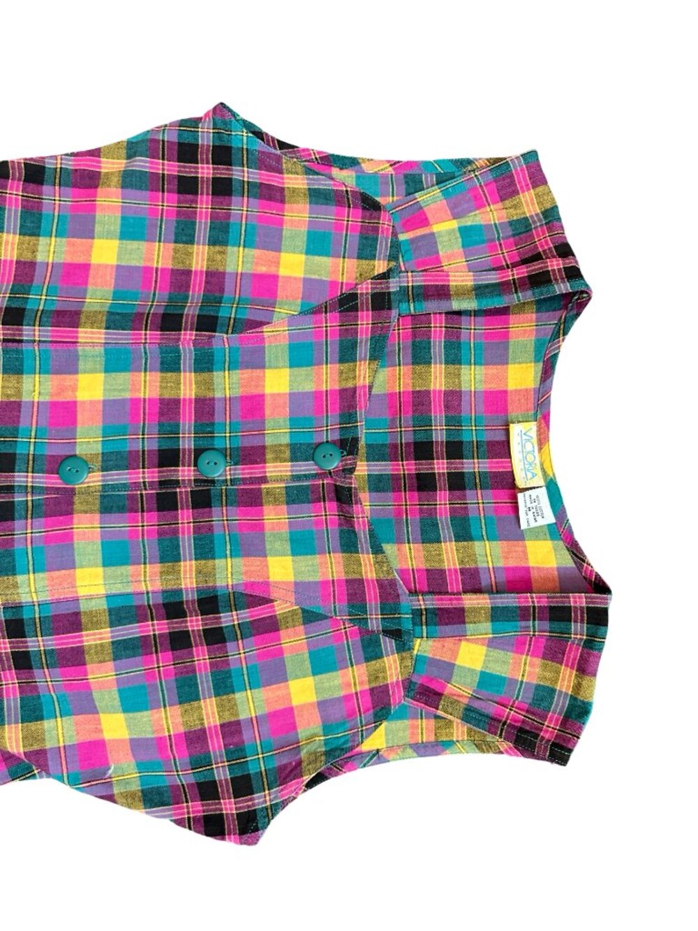 Vintage Multicolor Black Pink Plaid W's M 100% Cotton Button Front Dress Pockets - Picture 4 of 12